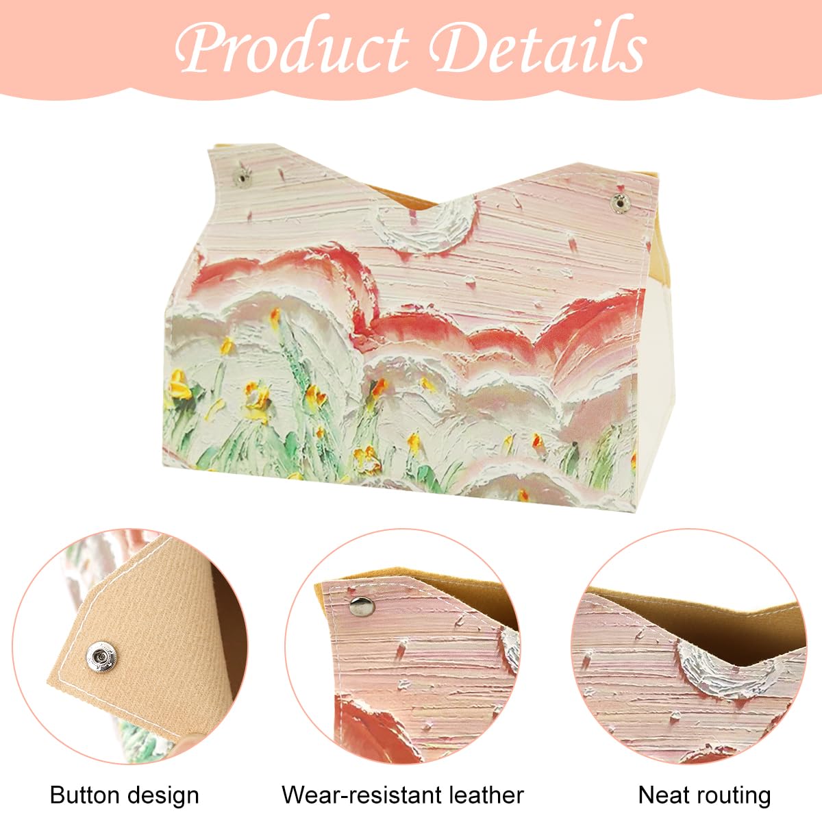 HASTHIP Car Tissue Box Tissue Paper Box PU Pink Floral Print Face Tissue Box Holder High Class Tissue Box Holder for Living Room, Office, Car, 19x14cm