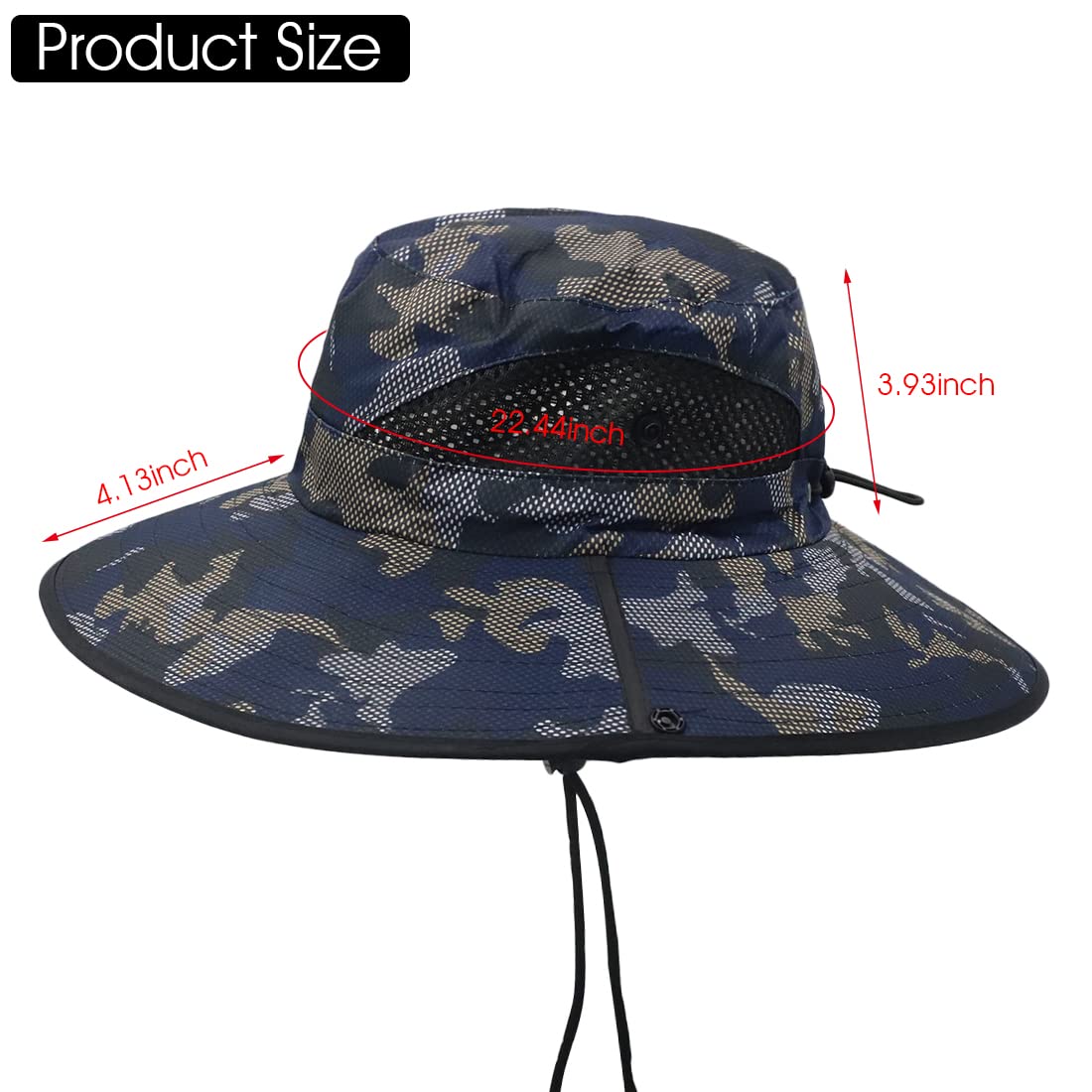 GUSTAVE Wide Brim Bucket Hats, Summer Caps for Men,with Adjustable Chin Strap,Classic Solid Color,Breathable Mesh Caps,Outdoor UV Protection for Summer, Travel,Hiking, Camping (Camouflage)