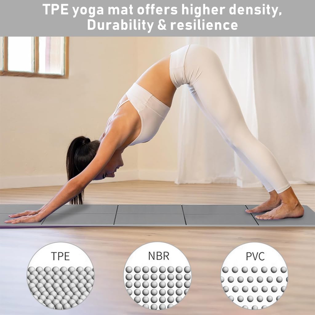 Proberos Portable Folding Yoga Mat with Carry Bag TPE Yoga Mat Anti-slip 5mm Thicken Fitness Yoga Mat for Men Women Pilates Mat for Home Workout, Gym, Travel, 72x24 inches, Grey