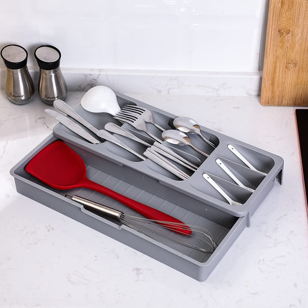 HASTHIP Cutlery Tray for Kitchen Drawer, Modular Kitchen Accessories, Kitchen Drawer Organizer Tray, Expandable PP Plastic Drawer Holder, Multipurpose Utensil Organizer (39.5 X 28 X 5.5 cm)