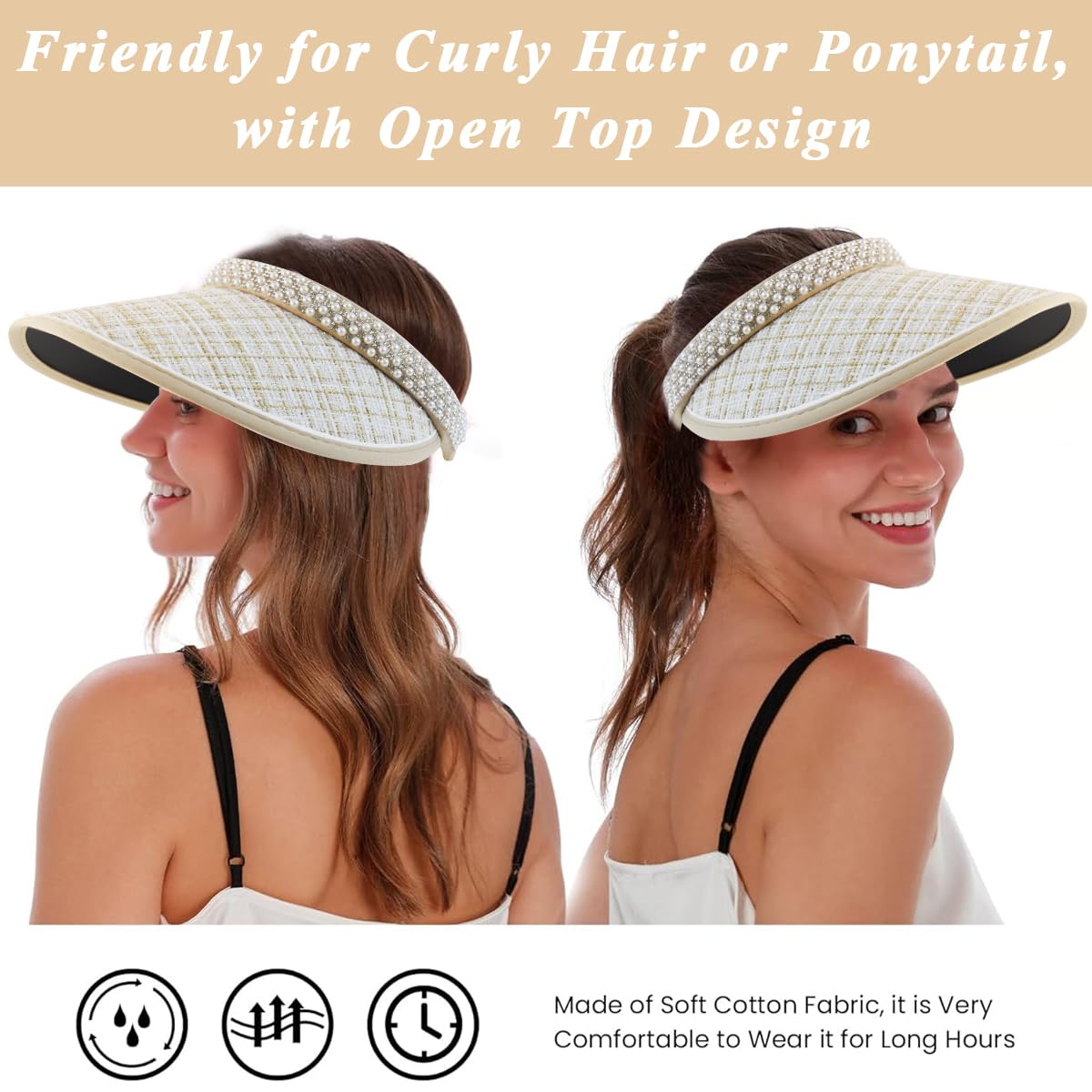 PALAY Sun Hats for Women Wide Brim Visor Beach Hat for Women Summer Hats for Women Fashion Embroidery Pearl Rhinestone Ladies Sport Cap UV Protection Hat - Ajustable