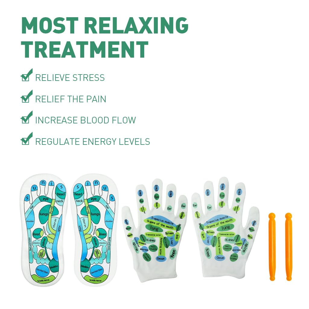 HANNEA 4PCS Reflexology Socks and Gloves Tool Set, Reflexology Tools Massage with Point Massager Tools Hand Spa Reflexology Sock Five Toe Separate Socks for Women and Men Tired Relieve