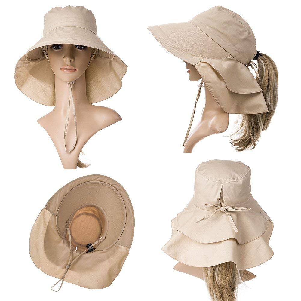 PALAY Fashion Wide Brim Hat for Women UV Protection,Summer Sun Hat with Ponytail Hole Back Neck Flap Cover for Girl Women-Navy Blue