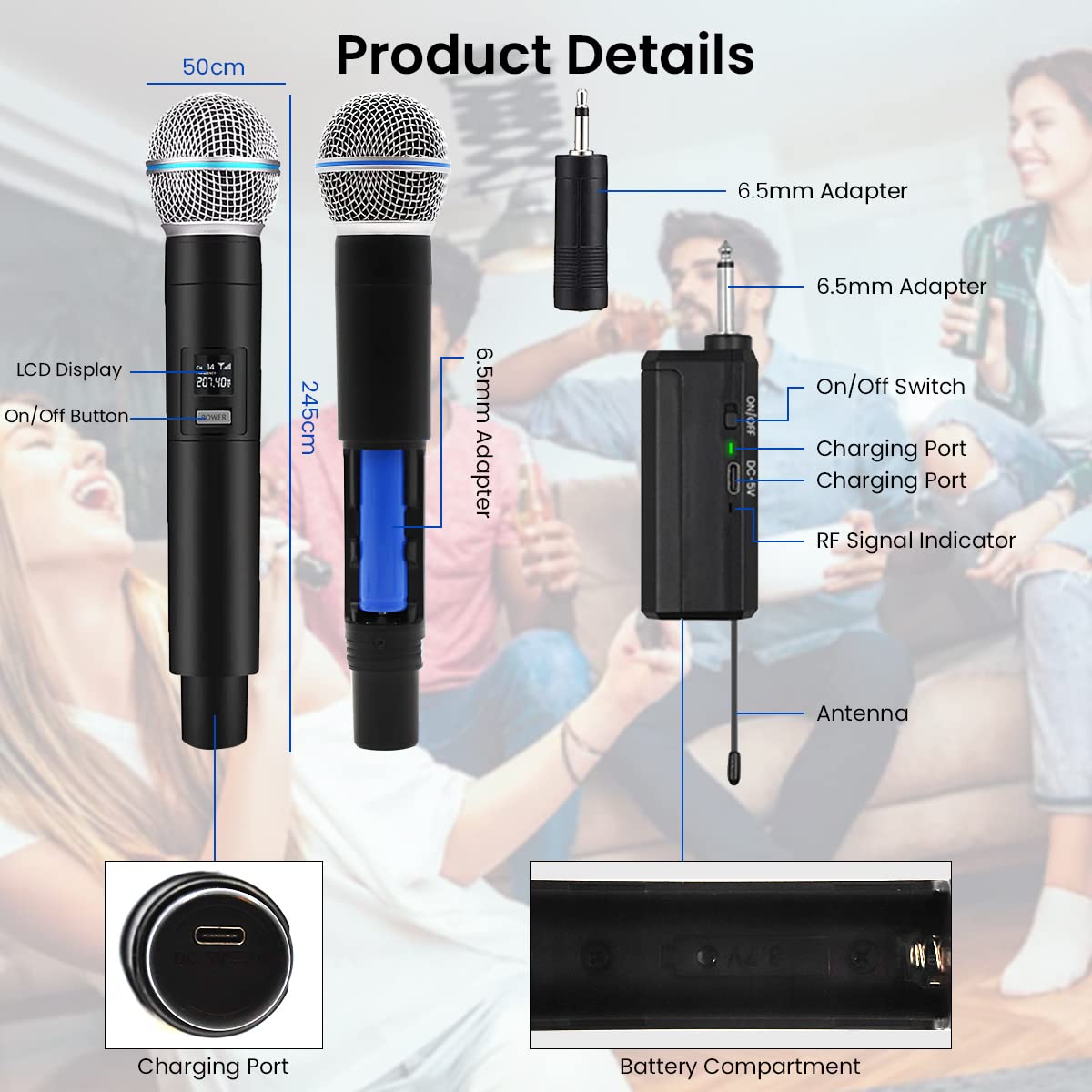 ZORBES Handheld Wireless Microphone with Bluetooth Receiver Cardioid Dynamic Microphones Mic with 6.35mm Jack to 3.5mm Jack Adapter for Karaoke Machine, Speaker, Mixer, Audio System