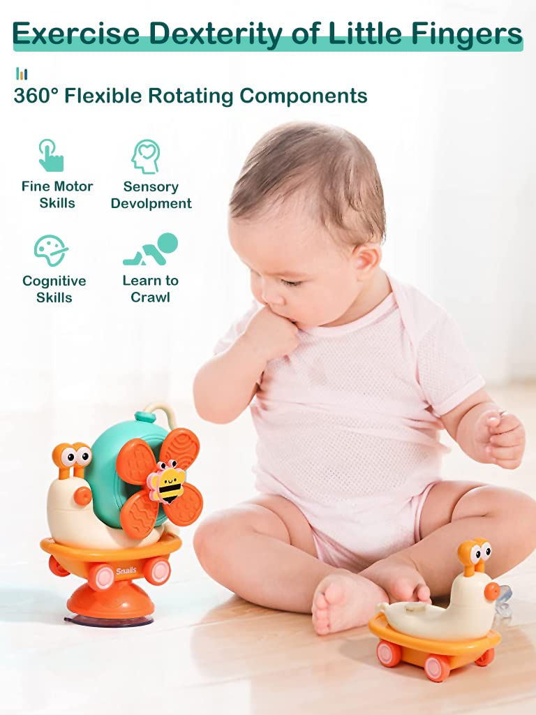 PATPAT Baby Bath Toys Cartoon Snail Sensory Toys for Babies Newborn Toys Pull Back Car High High Chair Toy for Airplane Travel, Montessori Toys & Gifts for Toddlers Boys Girls 1-3 Years Old, Orange