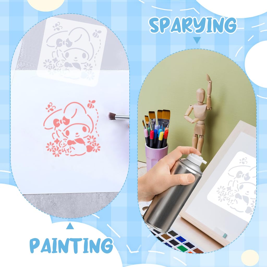 HASTHIP 16Pcs Cartoon Painting Stencils Sanrio Character Cut-Out Painting Stencils 5x5 Inches Reusable PET Painting Stencils for Wooden Crafts Spray Painting Stencils Assorted Decorative Templets