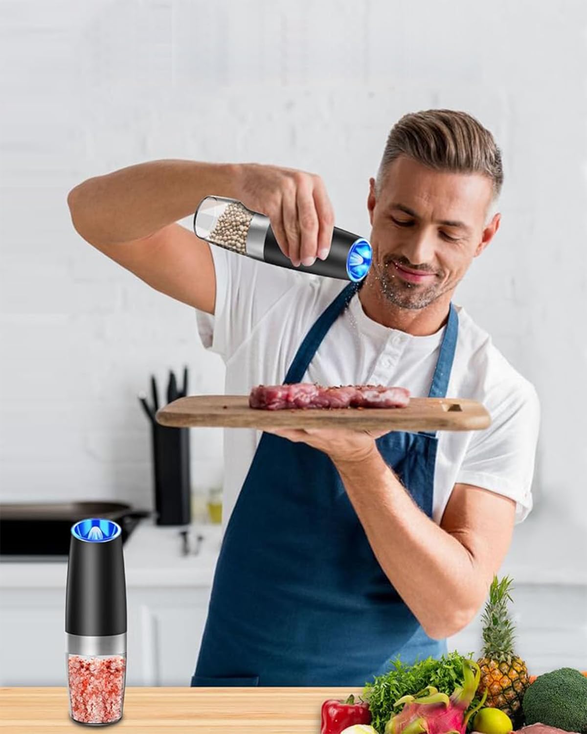 Supvox Gravity-Operated Electric Black Pepper/Salt Mill with Ceramic Core & LED Light, Adjustable Coarse Setting, Stainless Steel, Ideal for Kitchen & Dining, Battery-Operated (Not Included) - Black