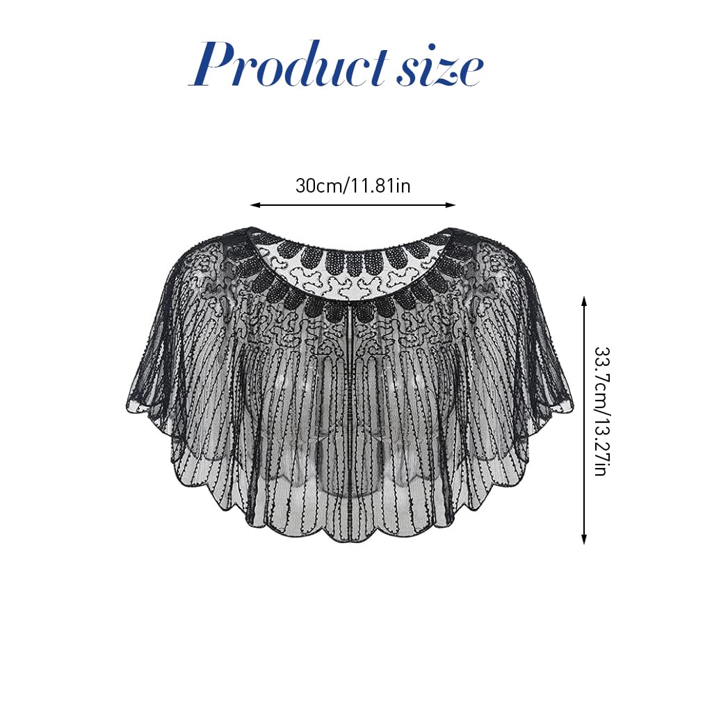 PALAY Lace Shrugs Shawl for Women Stylish Sheer Cape for Women Cover Up Wraps Black Sequin Shawl for Wedding Dress, Off Shoulder Dress, Strapless Dresses