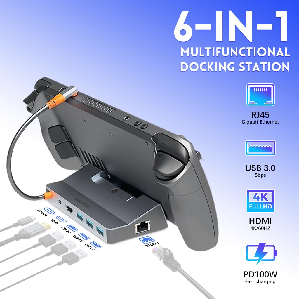 Verilux USB Hub Dock for Steam Deck 6 in 1 Steam Deck Stand USB Hub Travel USB 3.0 Hub Supports 4K@ 60Hz Video Output, 100W PD Charging, Universal USB Hub Dock for Steam Deck, ROG, Switch
