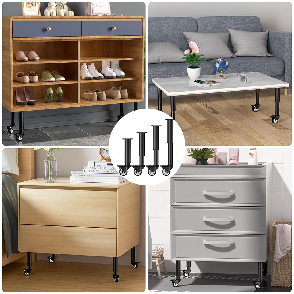 HASTHIP 4Pcs Furniture Legs 7-12 inch Metal Adjustable Furniture Legs with 360 ° Swivel Caster Wheels, 400KG Heavy Duty Metal Furniture Support Legs Bed Frame Support Legs for Cabinet/Sofa/Bed/Table