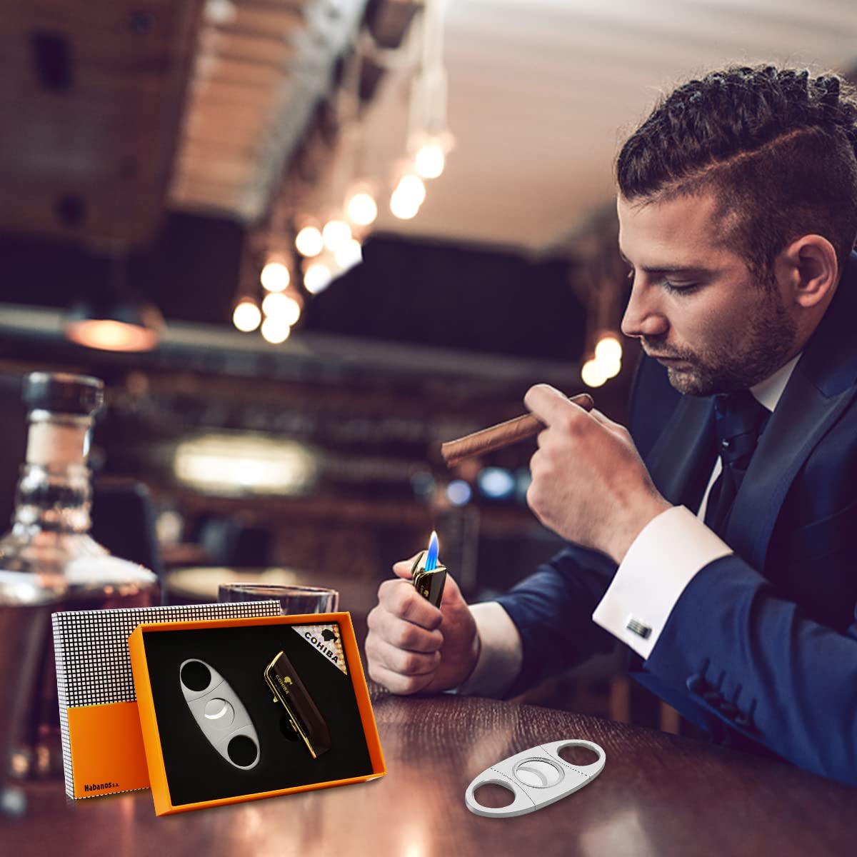 GUSTAVE 2Pcs Cigar Cutter Cigar Lighter Set, Stainless Steel Cigar Cutter, Refillable Butane Lighter with Adjustable Flame, Perfect Combo of Cigar Accessories for Men - Without Gas