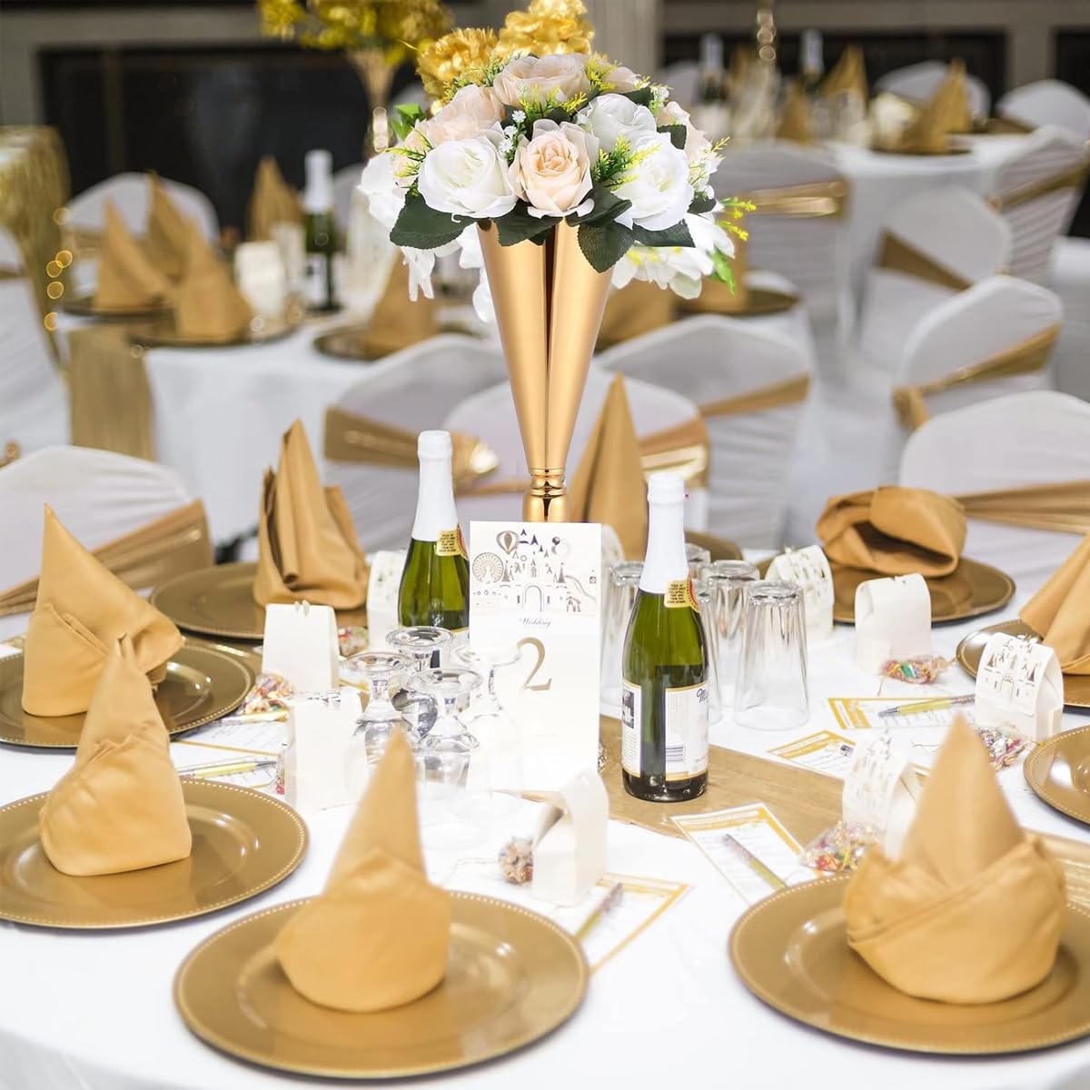 HASTHIP 2Pcs Tabletop Metal Wedding Flower Trumpet Vase -Wedding Centerpiece Flower Vase, 16.5 Inches Luxury Golden Metal Flower Holder Vase for Dining Table Decoration, Wedding, Party, Home Decor
