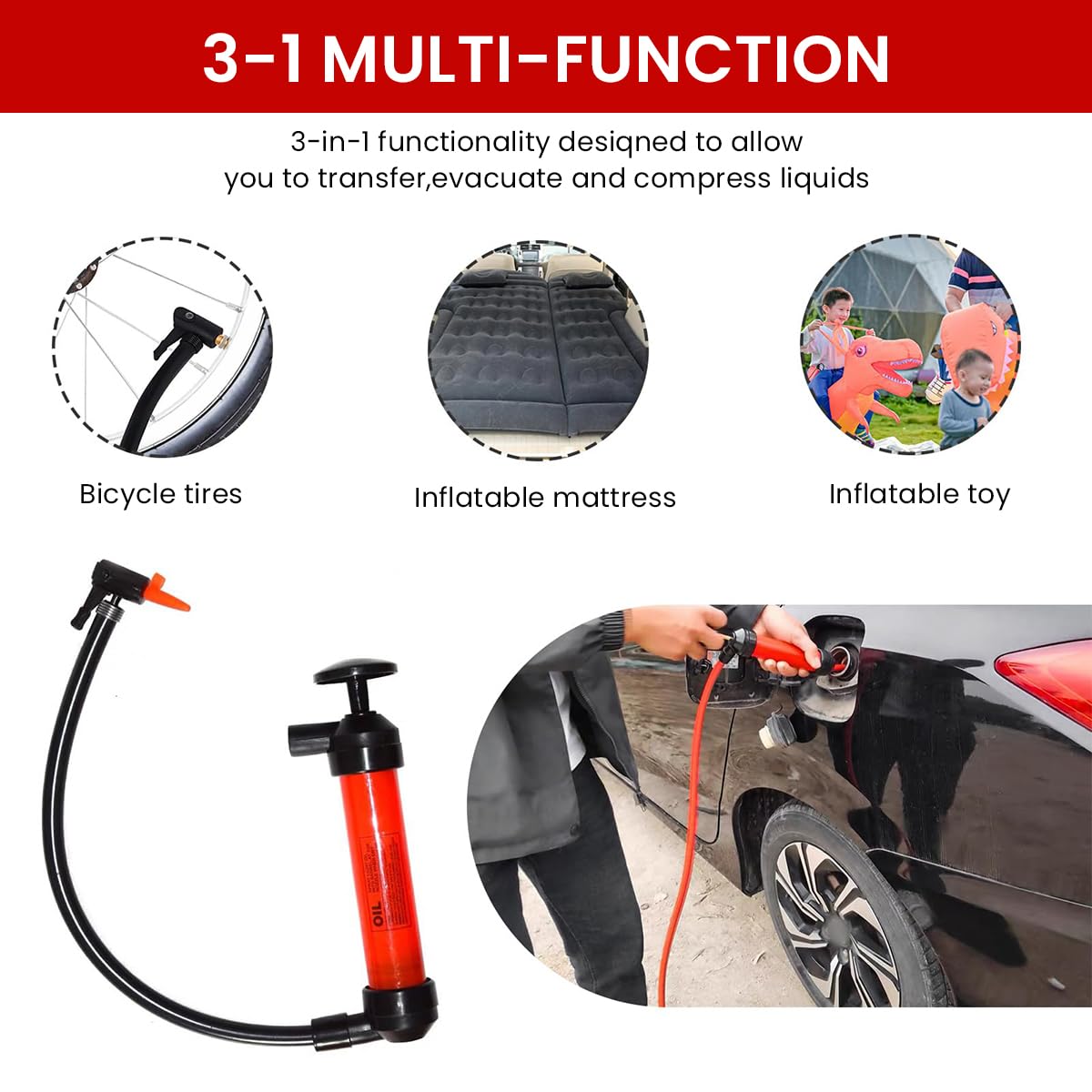 STHIRA Fuel Pump Fuel Injector 2 in 1 Fuel Pump Manual Air Pump with Interchangeable Fuel Hoses, Airline Hose, Air Valve Connector, Adapters & Nozzle Multi Purpose Manual Fuel Pump for Fuel Transfer