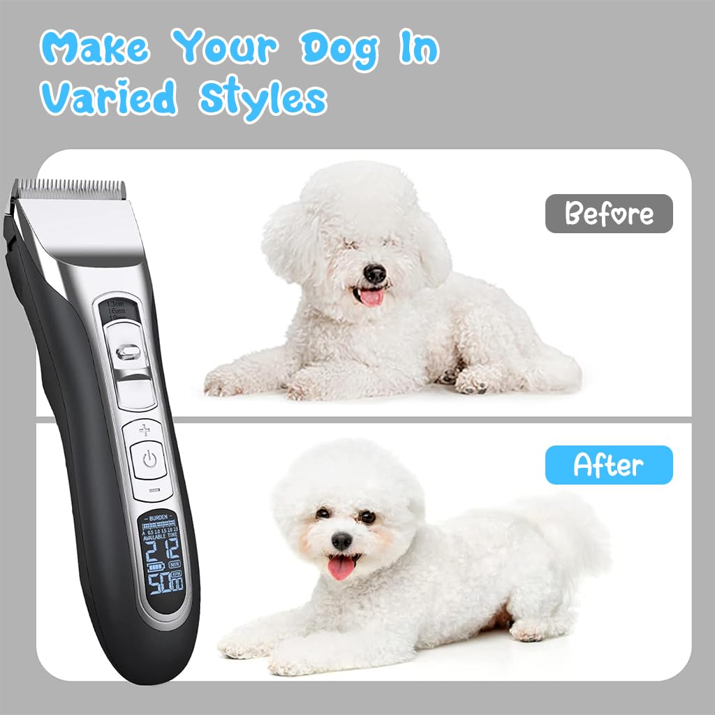 ZIBUYU Electric Dog Trimmer, Dog Grooming Kit with 2 Limiting Comb, Cleaning Brush USB Hair Trimmer for Thick Long Hair Dogs, Cats Switchable 5 Speed Mode Pet Grooming Hair Clipper For Dogs Cats