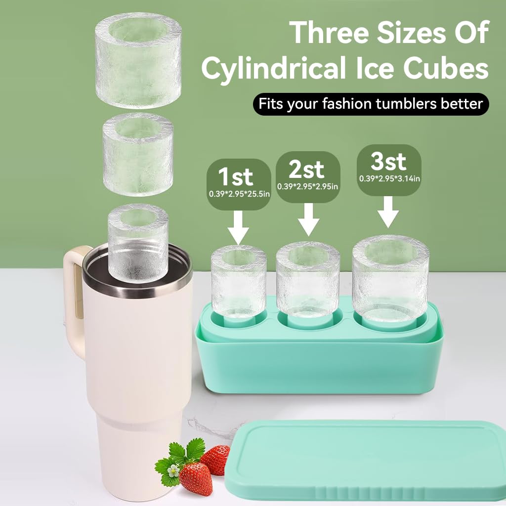 Ice Cube Tray for Tumbler Cup, 3 Pcs Silicone Cylinder Ice Mold with Lid and Bin for Freezer, Ice Drink, Juice, Whiskey, Cocktail, Summer Gifts (Green)