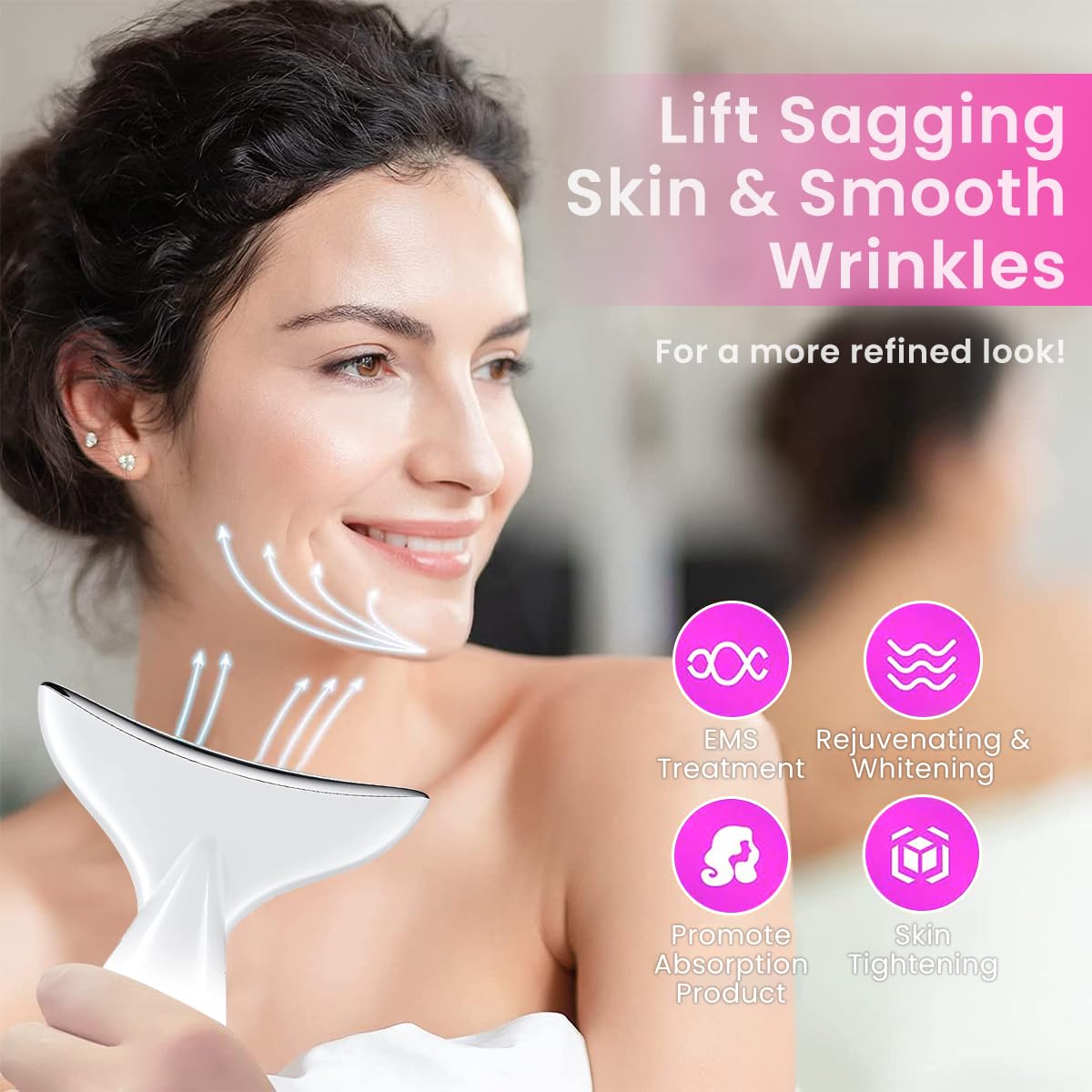 HANNEA EMS Beauty Machine Anti-aging Neck Massager 3 in 1 Anti Wrinkles Face Massager EMS Micro-current Neck Massager Remove Double Chin Tighten Facial Contour Prevent Wrinkles, White
