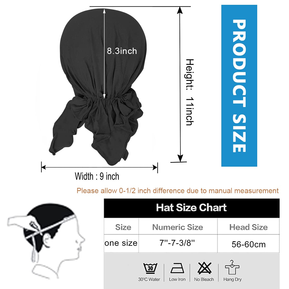 PALAY Head Scarf for Women Cotton Elastic Chemo Caps Headwear Turban, Pre-tied Slip On Cancer Cap Headwrap Headscarf for Hair Loss or Thin Hair - Black