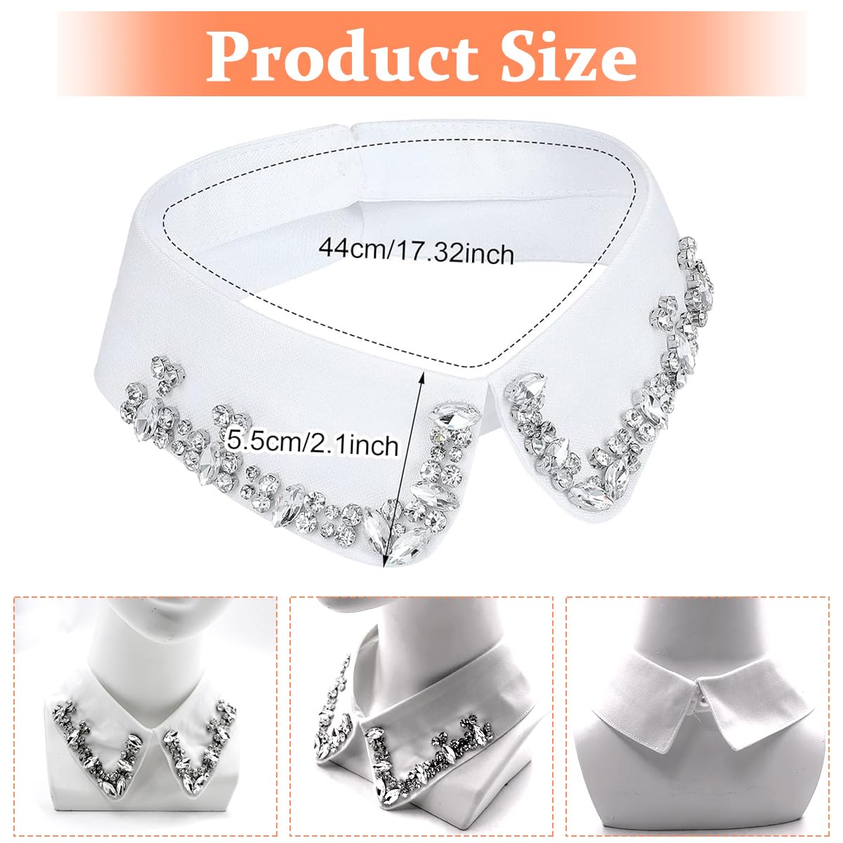PALAY Fake Collar for Women White Half Fake Shirt Collar Chiffon Blouse Dickey False Collar Stylish Rhinestones Women Detachable Collar - All Season Use