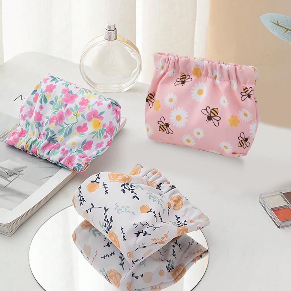 MAYCREATE 3pcs Small Pouches for Women, Travel Mini Makeup Pouch Set, Cute Floral Print Coin Lipstick Pouch for Girls, Oxford Cloth Jewelry Storage Bag Organizer - No Zipper, Self-Closing