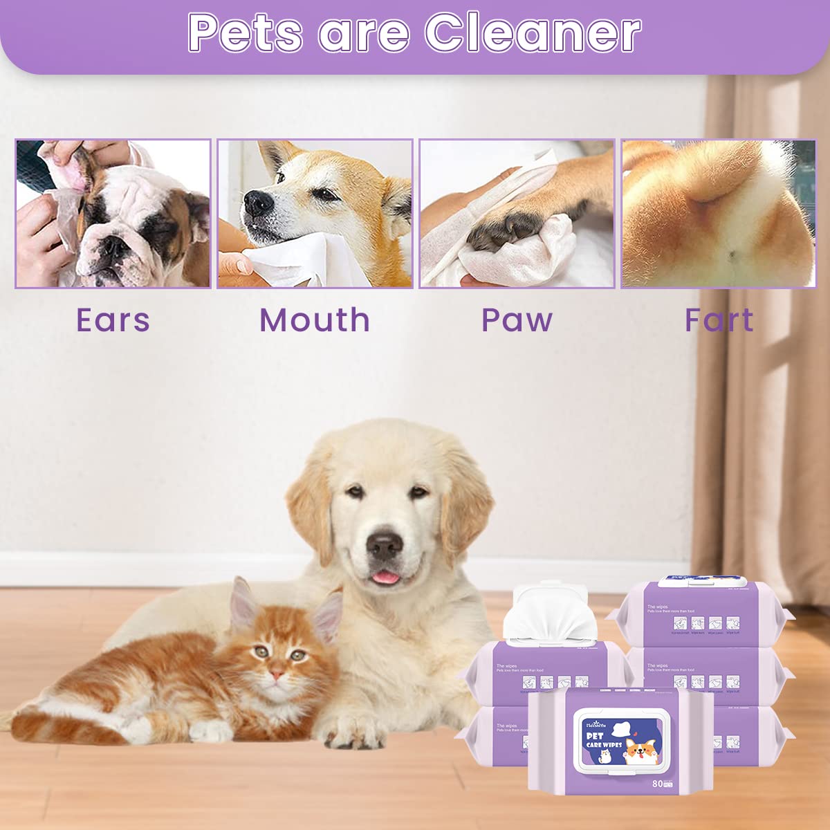 Qpets 6 Pack AlcoholFree Pet Wipes Dogs AlcoholFree, Cat Dog Wipes, Wipes Pet Use Tear Stain Remover Wipes, Dog Wipes for Eye Ear Butt, Ear Cleaner Pads, Wet Wipes for Dog(80 Sheet/Pack)