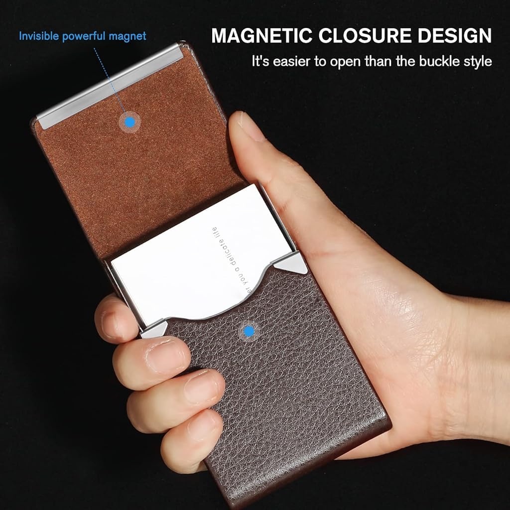 GUSTAVE Business Card Holder Metal Visiting Card Case Classy Card Holder for Women & Men PU Leather Wallet Card Case with Metal Magnetic Clasp, 20 Cards (6x9.5cm) - Coffee Brown