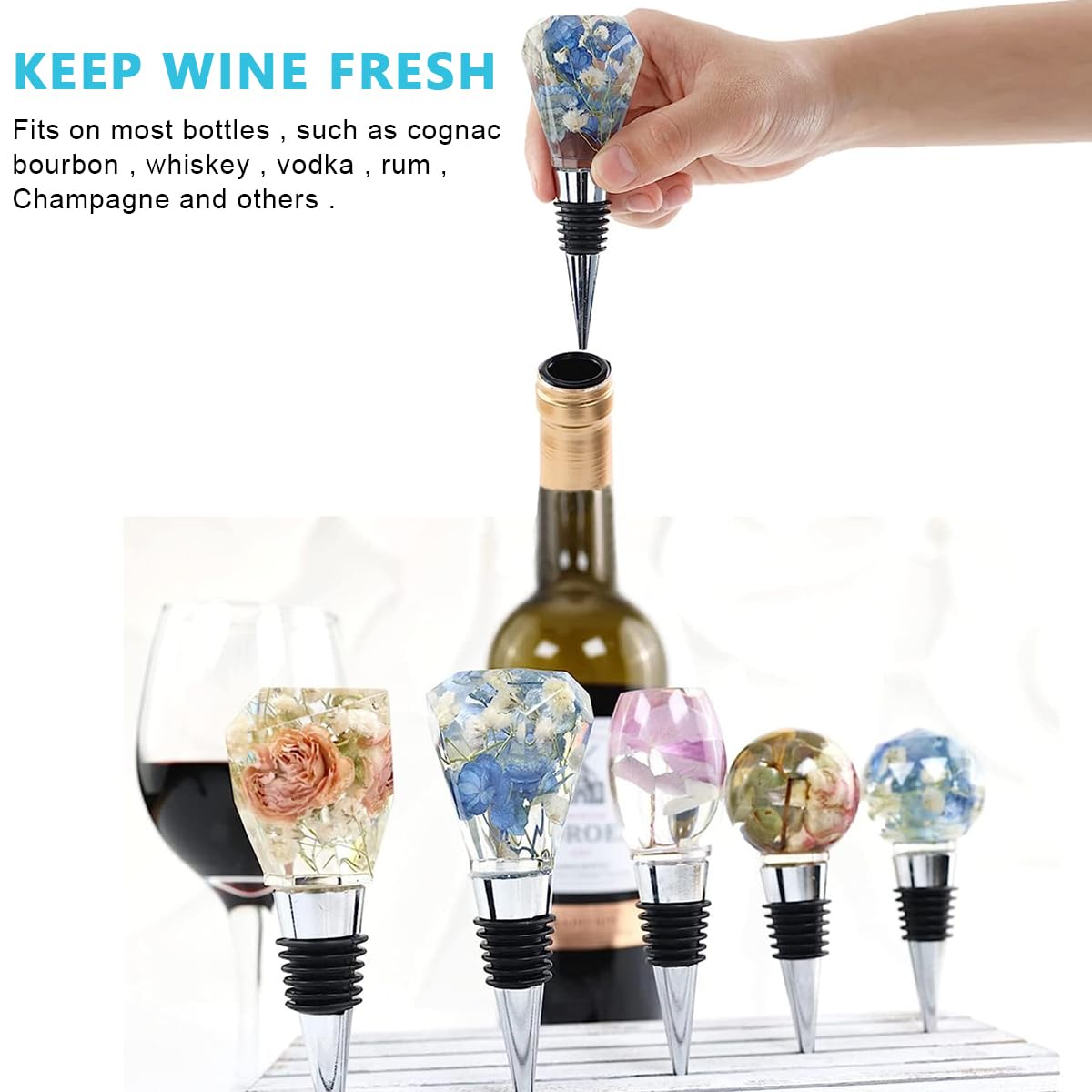 HASTHIP Wine Stopper Resin Molds, 5 Pieces Geometric Spherical Crystal Gem Shape Silicone Mold with 5Pcs Stopper, Reusable Crystal Epoxy Silicone Molds DIY for Gifts, Bar, Holiday Party, Wedding