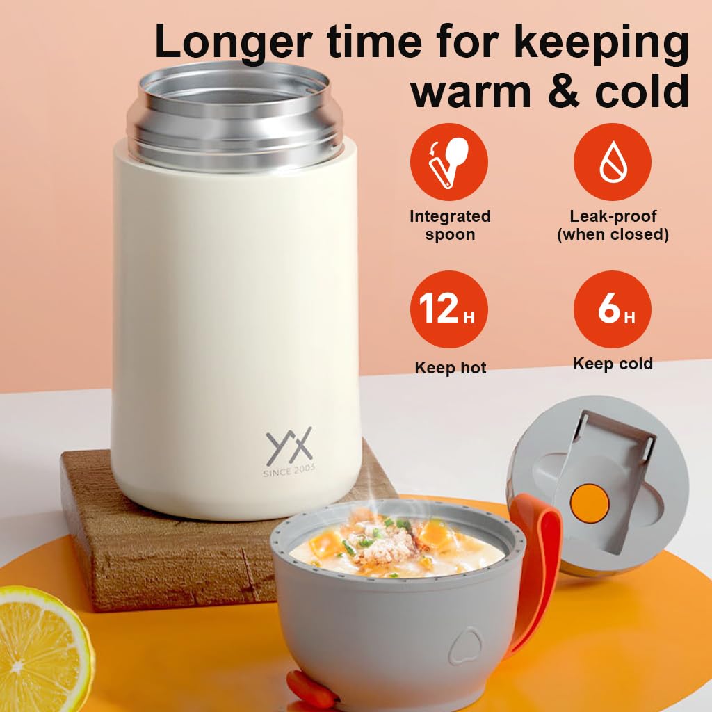 Supvox Thermos Insulated Food Jars, Food Soup Flask Lunch Box for Hot & Cold Food, 650ml Double Wall Vacuum Stainless Steel Thermal Flask Portable Thermal Lunch Container with Spoon