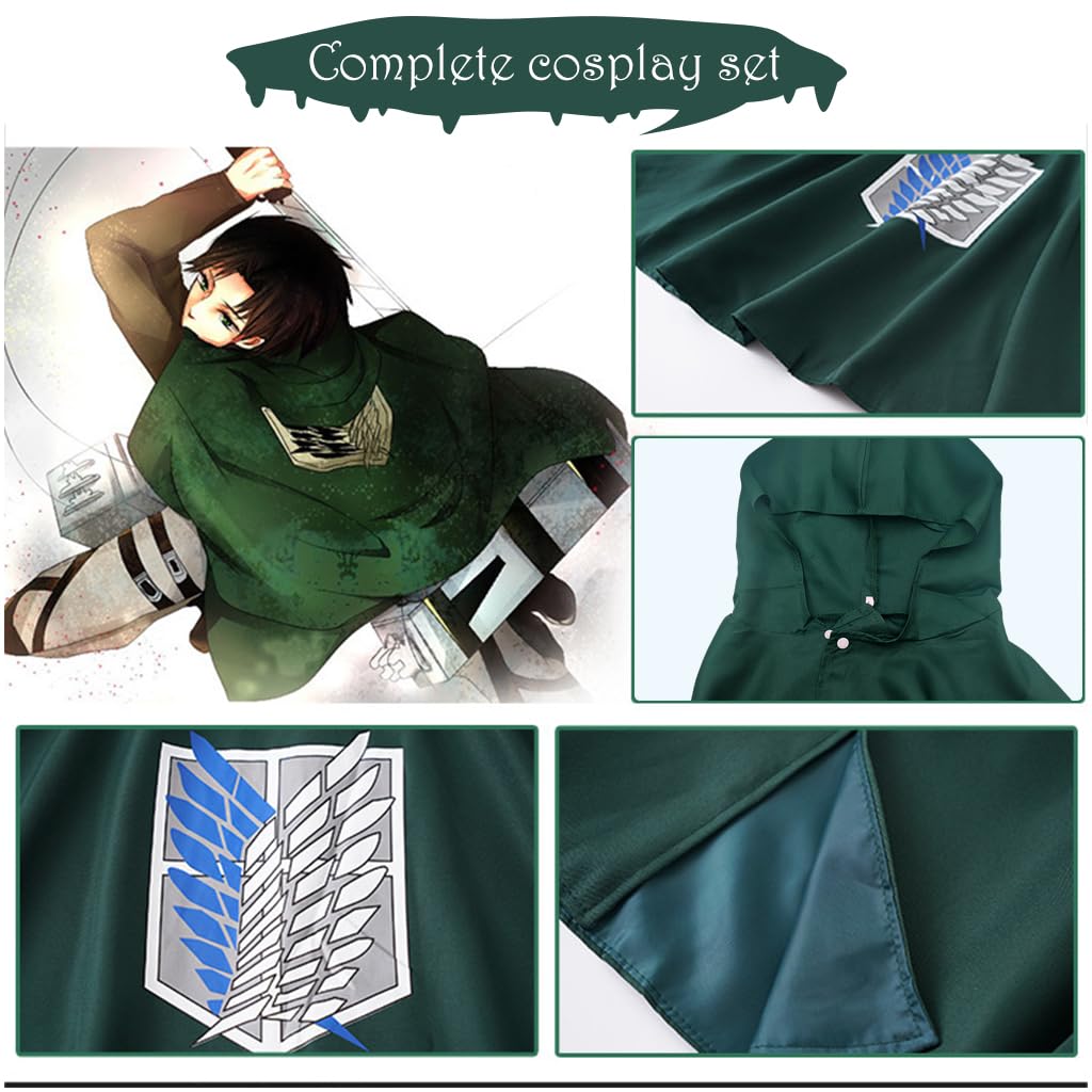 PATPAT Anime Cosplay Costume Cloak, Green Hooded Cloak with Wing of Liberty Necklace Set, Scout Regiment Cosplay Costume Wings Cape for Party, Halloween, Christmas, Performance - Size L