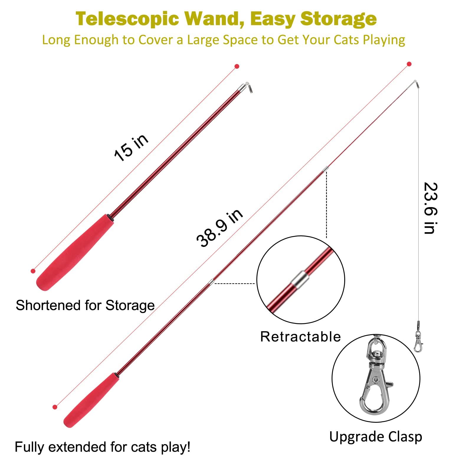 Qpets Cat Teaser Toy, Feather Toy for cat 11 Pcs Cat Toy Set with 2 Retractable Teaser Wand & 5 Feather Teaser Toy & 4 Worm Teaser, Interactive Cat Toys for Kitten to Play Chase Activity Exercise