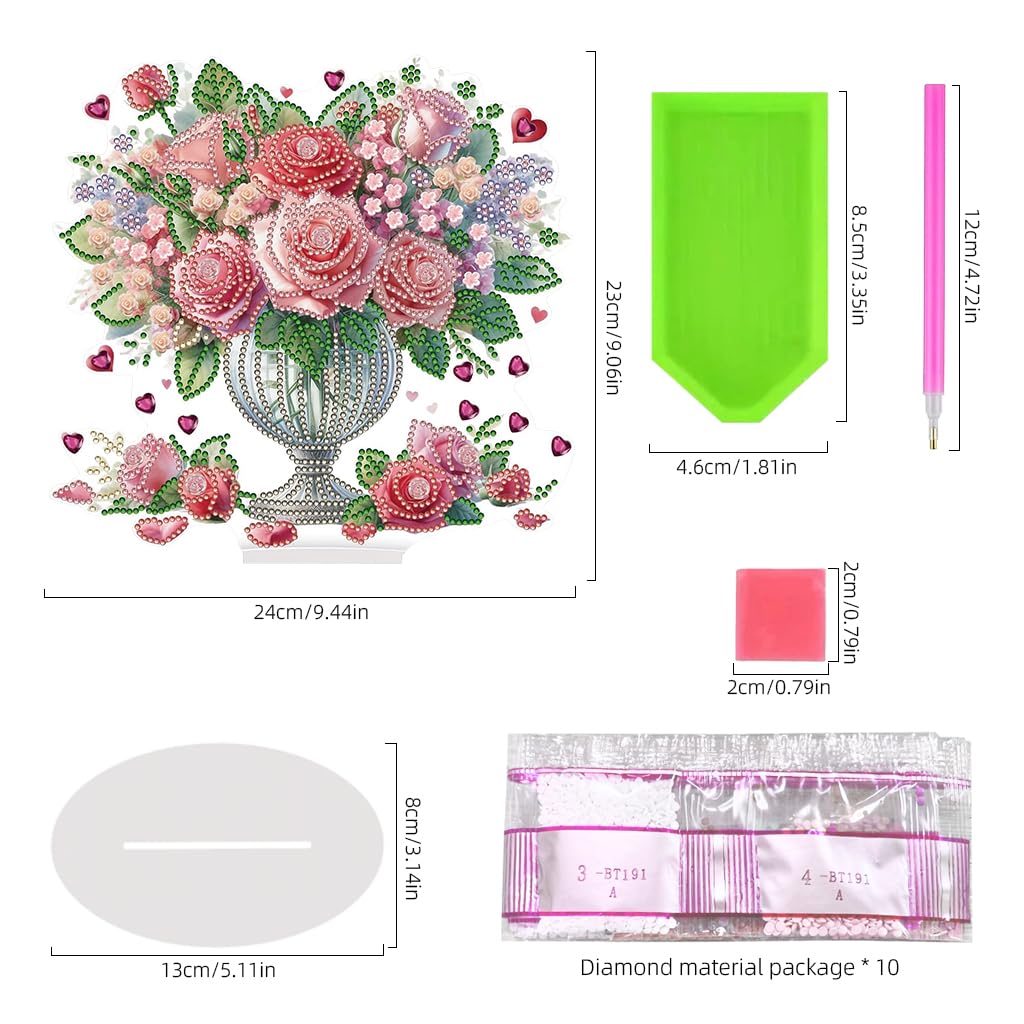 HASTHIP DIY Diamond Desktop Ornament Special Shaped Crystal Rose Bouquet Diamond Art Painting Acrylic Tabletop Ornaments Single Sided Diamond Home Decor, Gift DIY 5D Diamond Painting Art Kit
