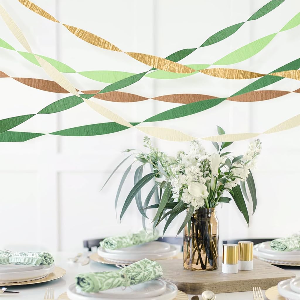HASTHIP 5 Rolls Party Decorations Paper Streamers - Green & Gold Crinkle Paper for Camp Bachelorette, Baby Shower, Wedding, Bridal Shower, Engagement Party Supplies Décor, 1.7 inches x 82 ft Per Roll