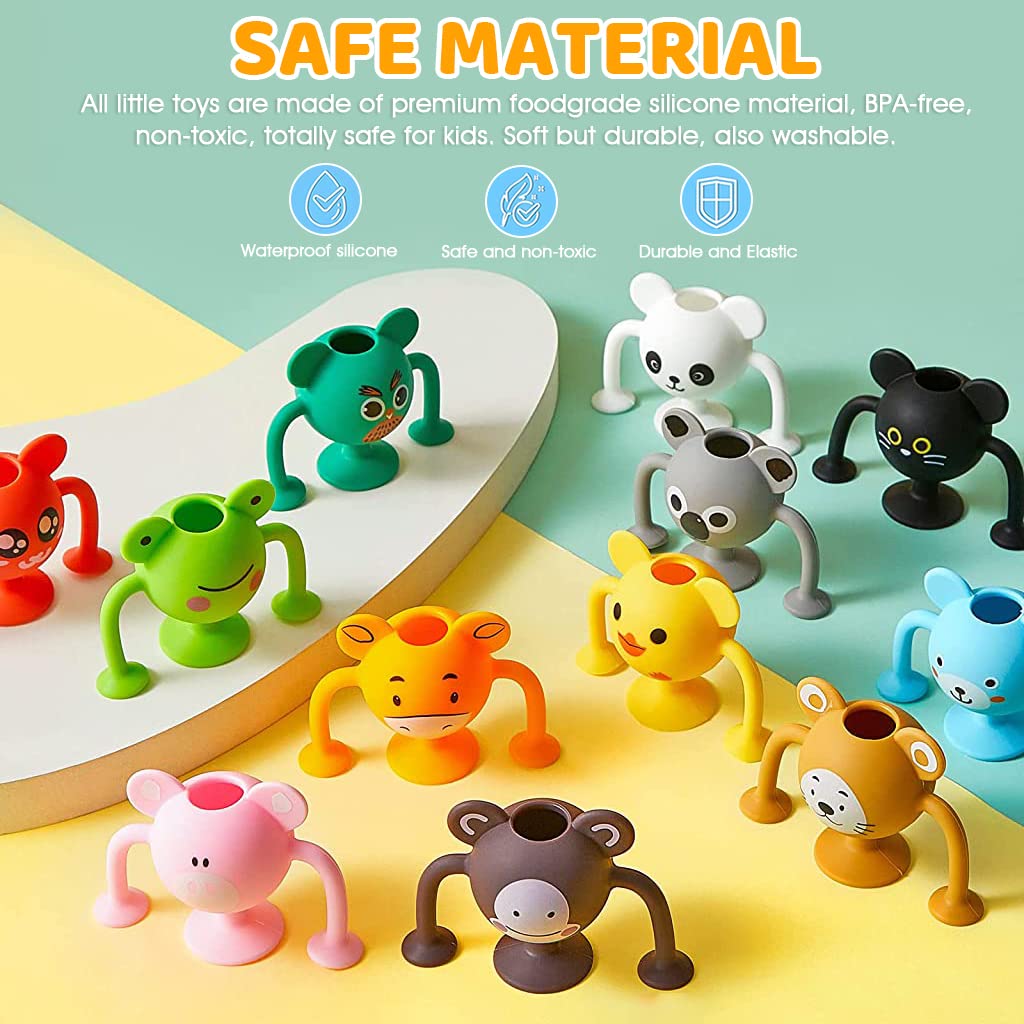 PATPAT Suction Toys for Baby, 12 Pcs Cartoon Silicone Animal Suction Toys Stress Toys Set Building Blocks for Baby High Chair Parent Interactive Game Travel Toy Bath Toys for Kids 3 4 5 6 7 8 Years