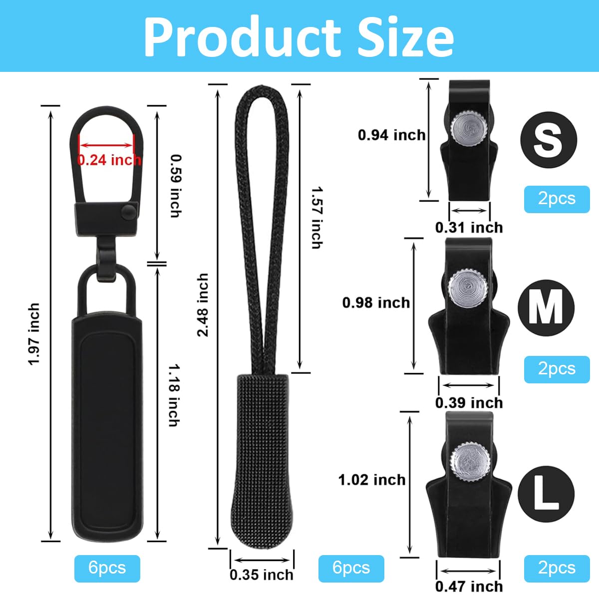 HASTHIP Zipper Repair Kit 6Pcs Zipper Sliders with Nylon Pull Tabs, 6Pcs Replacement Metal Pull Tabs for Sliders, Screw Fix Removable Zipper Sliders Metal Pull Tabs, for Bags, Garments