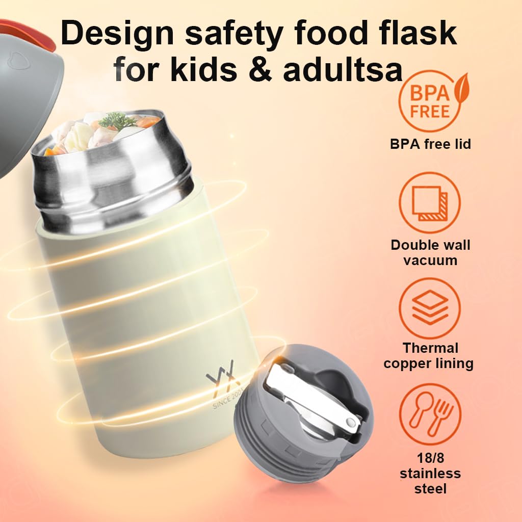 Supvox Thermos Insulated Food Jars, Food Soup Flask Lunch Box for Hot & Cold Food, 650ml Double Wall Vacuum Stainless Steel Thermal Flask Portable Thermal Lunch Container with Spoon