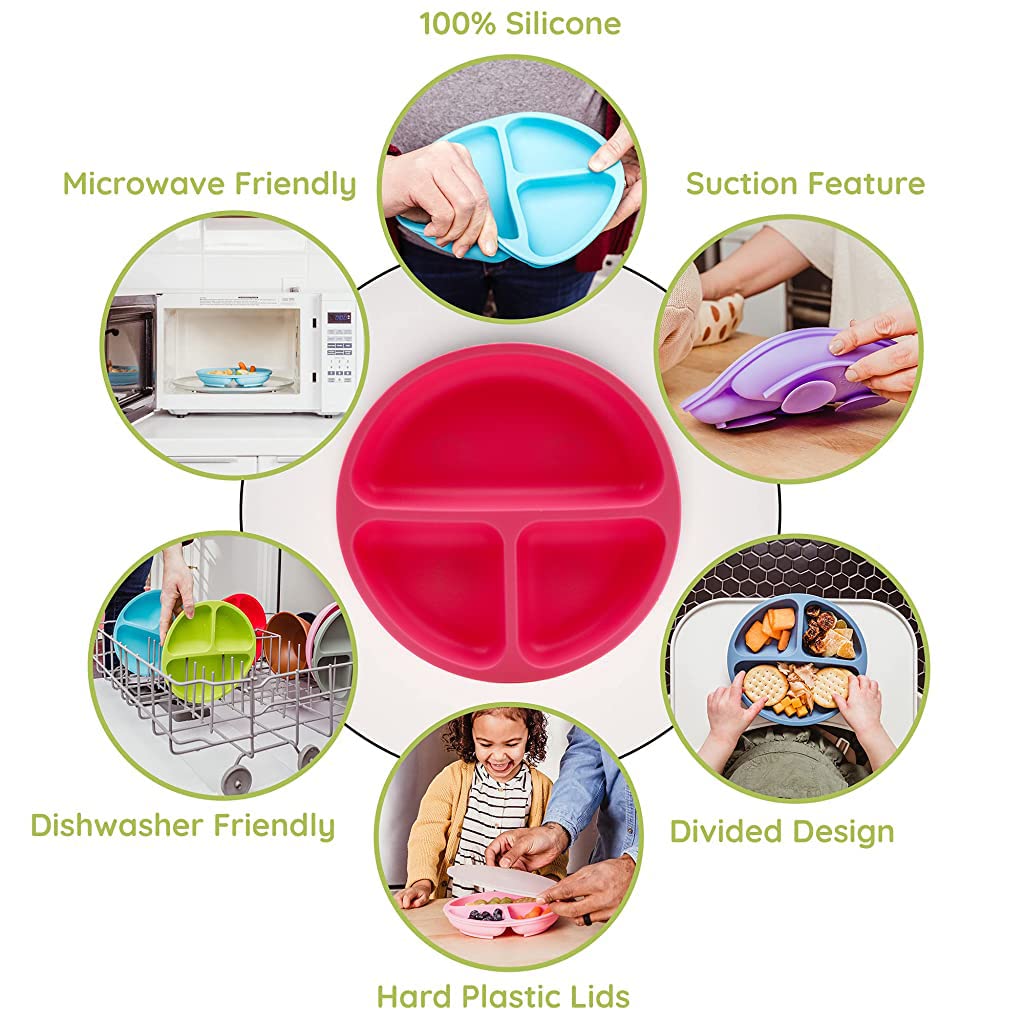 SNOWIE SOFT Baby Suction Plates for Baby Feeding with Lid and 4 Strong Suction Cups, Silicone Toddler Plates with Deep Divided for Kids to Feed Themselves, Dish Washer & Micro-Wave Oven Safe