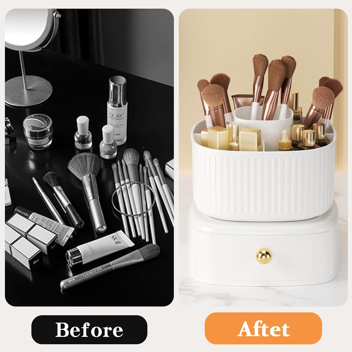 MAYCREATE Makeup Organizer Box, 360° Rotating Makeup Brush Holder with Drawer, Cosmetics Display Case Skincare Storage for Vanity Desktop Bathroom - Ivory