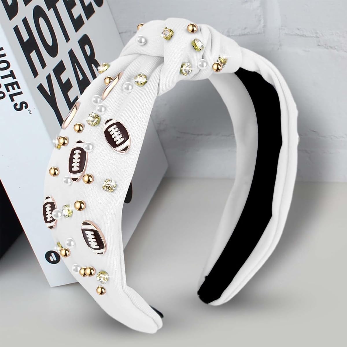 PALAY Wide Headband for Women Fashion Football Headband Pearl Jeweled Knot Hairband Rugby Embellishments Elegant Headbands Sports Fan Gifts - White