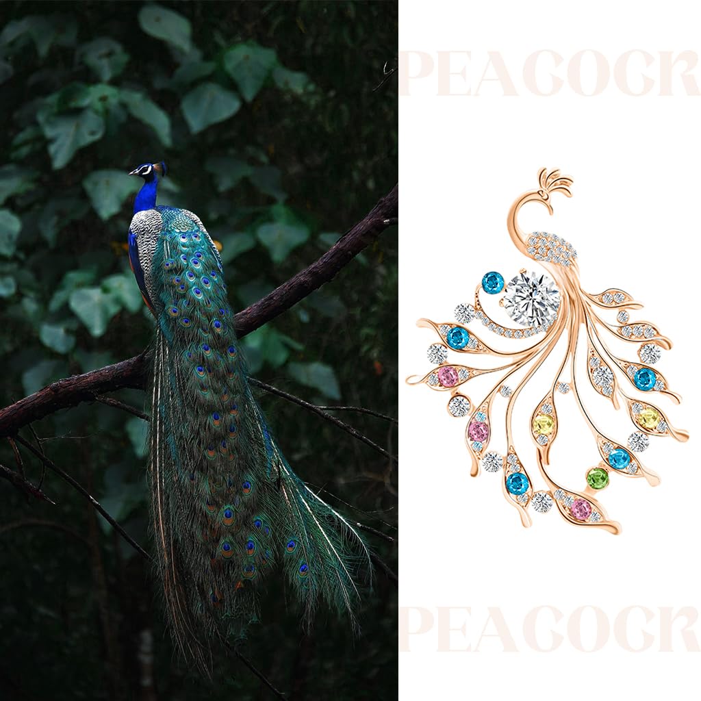 SANNIDHI Peacock Brooch Luxury Women Jewelry Brooch Sparkling Color Rhinestone Peacock Brooch Golden Rose Electroplated Alloy Peacock Brooch Women Jewelry Gift Evening Banquet Jewelry Brooch, 5x7cm