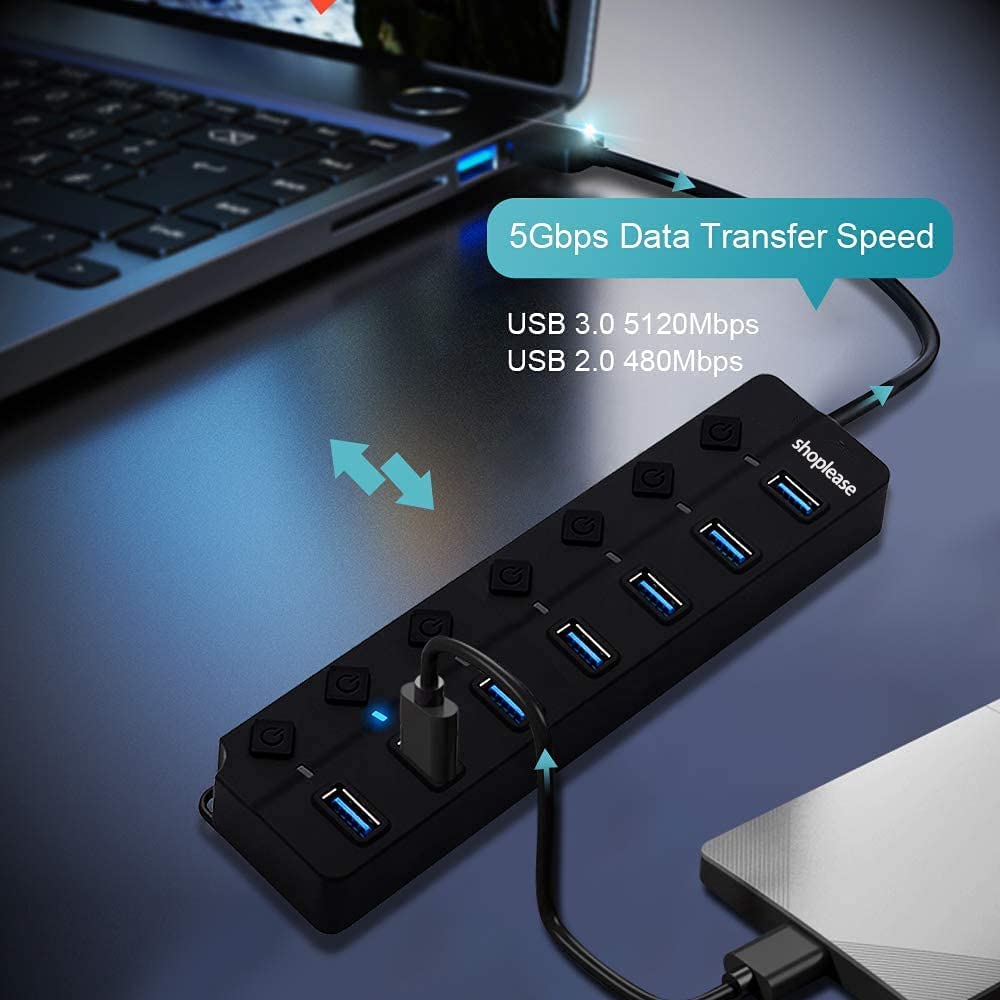 ZIBUYU USB Hub 7in1 All 3.0 Ports for PC Desktop Laptop USB Hub Individual Switch Control USB Extender for Laptop USB Hub for USB Flash Disk, Keyboard, Wired Mouse, Bluetooth Mouse, Plug and Play