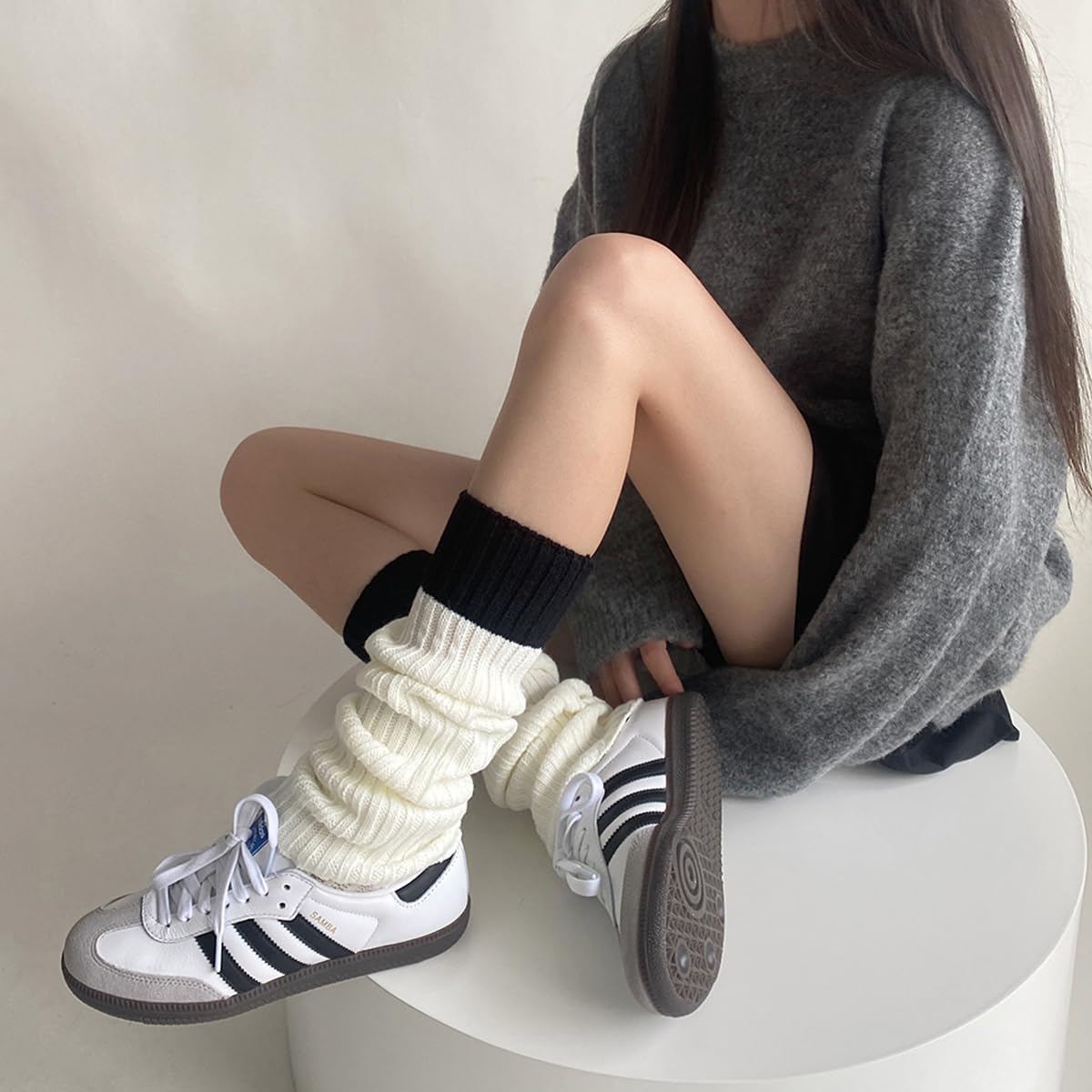 PALAY Leg Warmers for Women Girls Fashion Ribbed Knit Calf Length Stocking Two-Tone Stitching Long Boot Socks for Ballet Dance Figure Skating Yoga Party Junior