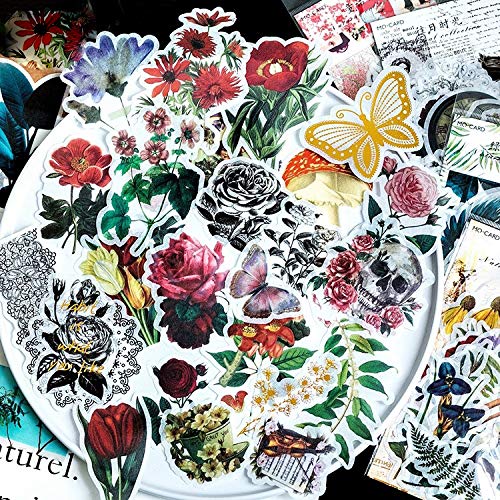 HASTHIP 60 Pcs Vintage Ephemera Pack, Romantic Easy Self-Adhesive Plants Floral Style Decoration Note Paper Stickers for Card Stock Scrapbook Letters Notebook Card Making DIY (Spend time)