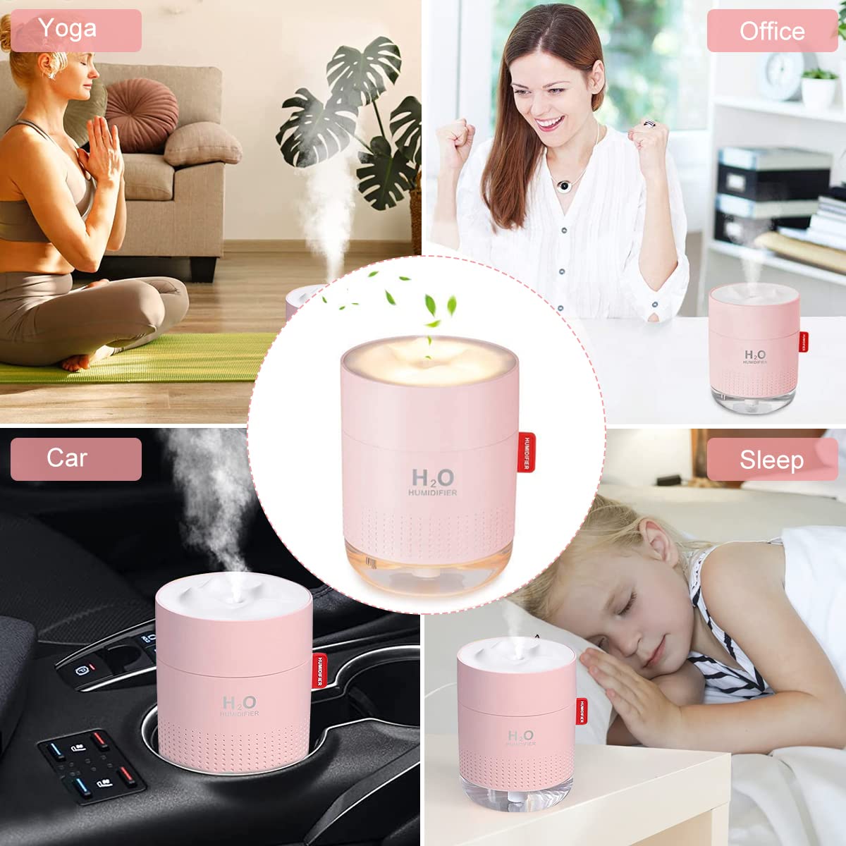 HASTHIP Humidifier for Room Moisture 500ML 26dB Air Humidifier for Bedroom Ultrasonic Cool Mist Car Humidifier with Atmosphere Light Desktop Humidifier Office Bedroom Auto Shut-Off with 2 Spray Mode