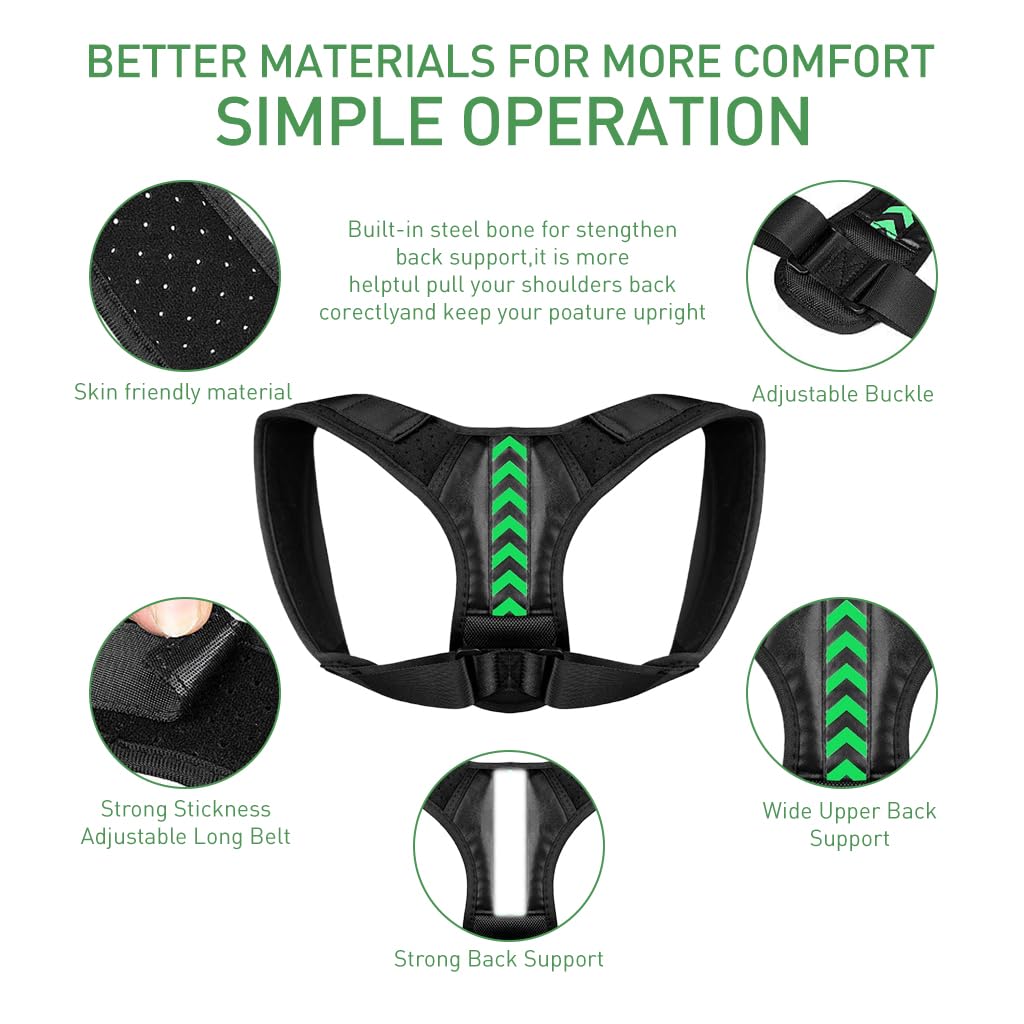 HANNEA Posture Corrector For Men & Women, Spine & Body Posture Correction Back Support Belt, Improving Posture Adjustable Back Shoulder Support Belt - Back Pain Relief Products, Black Green Arrow, M