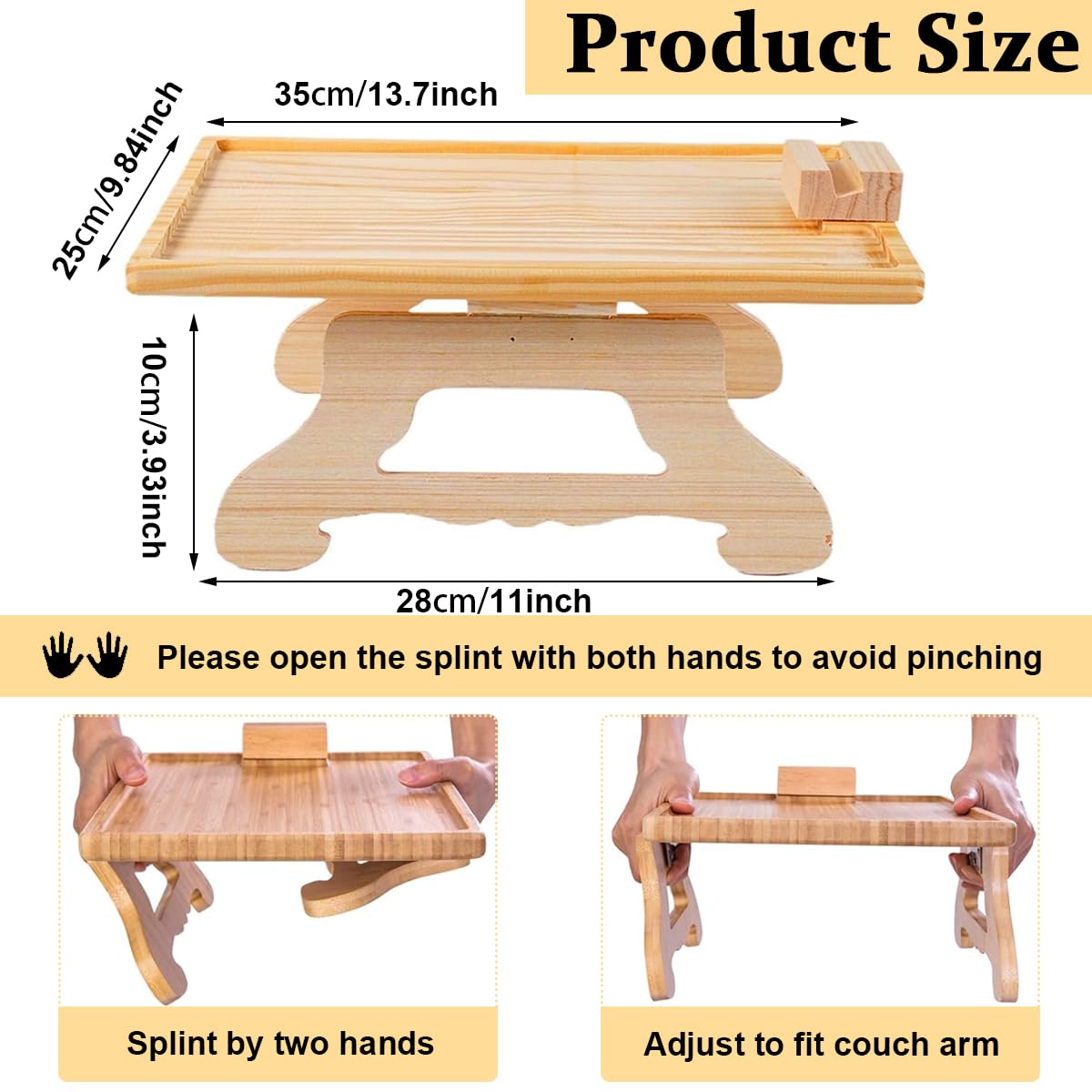 HASTHIP Sofa Armrest Wooden Tray Small Table for Sofa Armrest Folding Foot Wooden Dinning Table Laptop Stand with 360° Rotatable Phone Holder Armrest Table for Work, Relaxing, Reading
