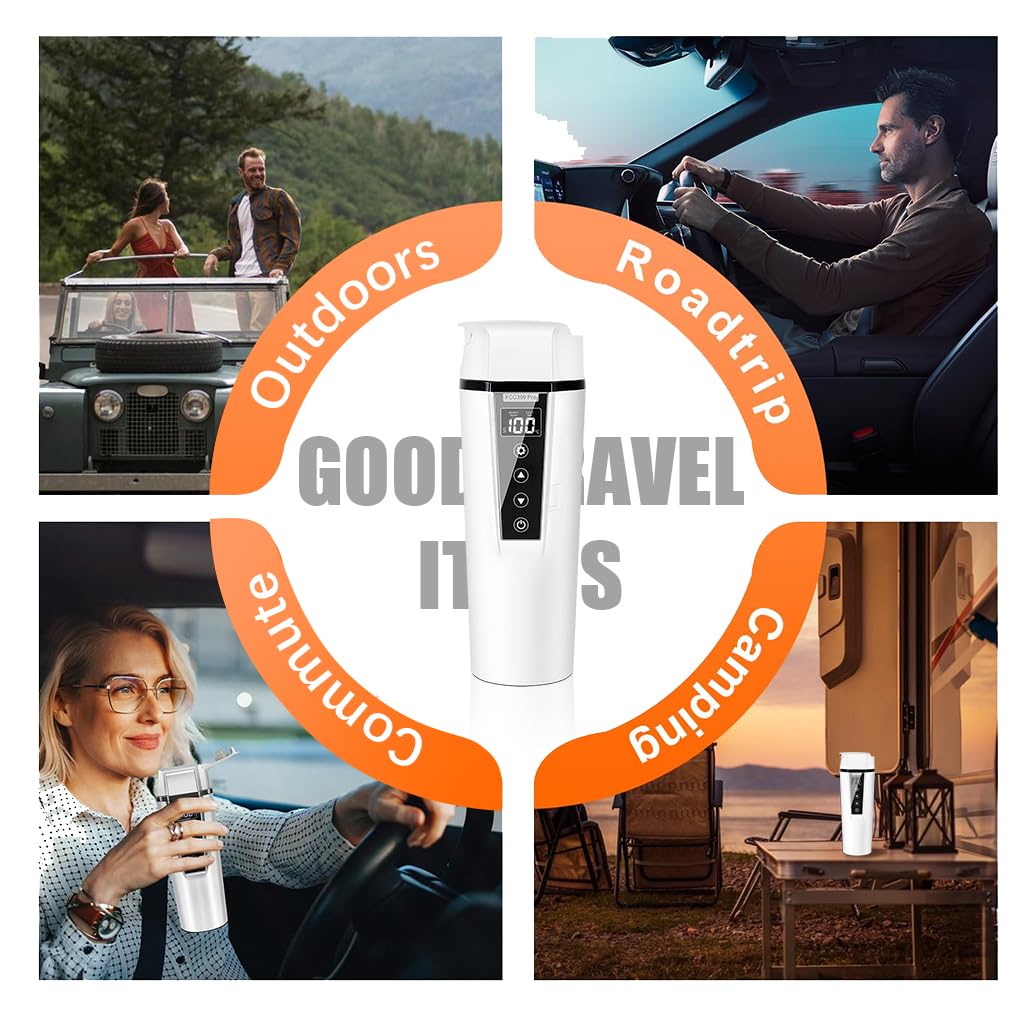 Supvox Electric Water Bottle Car Home Use 12/24V 400ml Stainless Steel Electric Water Heater Adjustable Temperature Digital LCD Display Travel Water Heater with Drawstring Bag