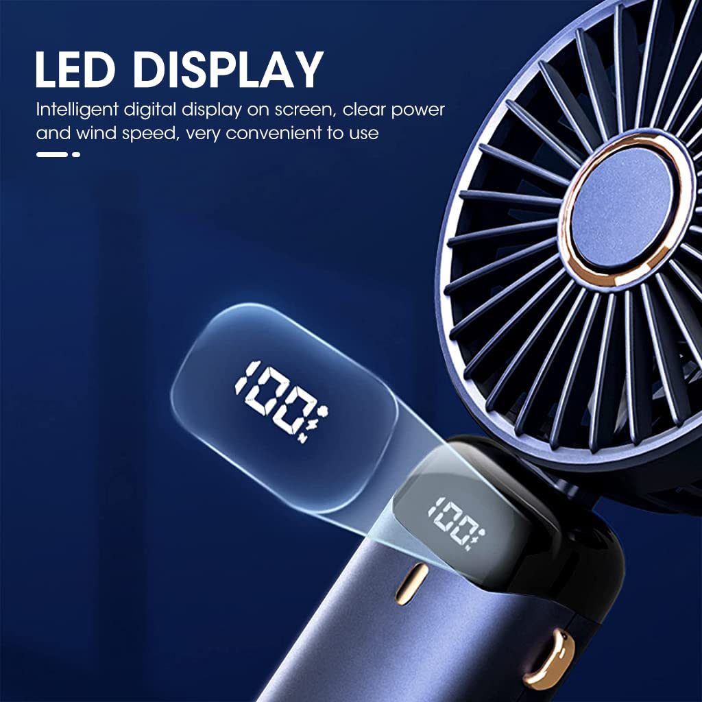 HASTHIP Hand Fan, Foldable 90° Mini Small Personal Fan, 3000mAh USB Rechargeable, 5 Adjustable Speeds Portable Hand Fan with Lanyard, Fragrance Sheet, Base and LED Battery Level Display (Blue)