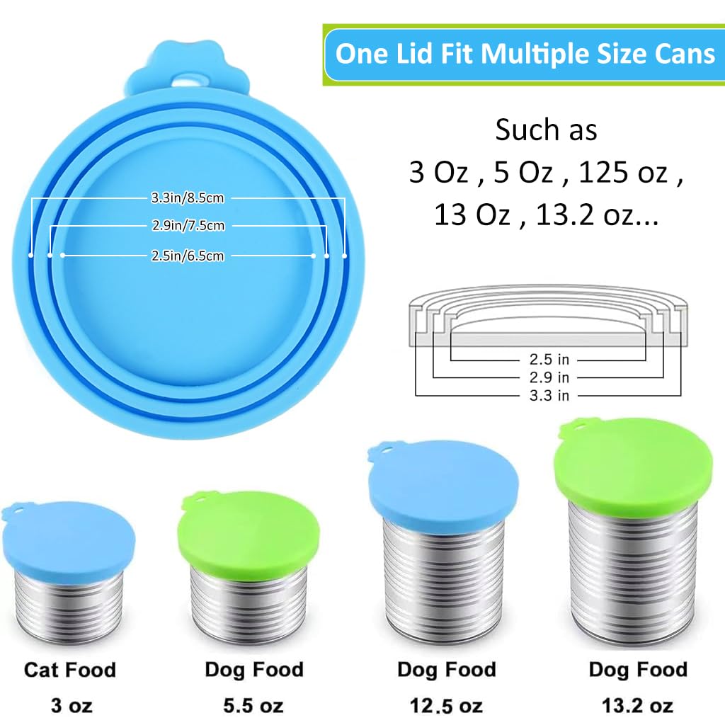 Qpets 2Pcs Pet Can Lid Cover, 3 In 1 Silicone Pet Food Can Lid for Food Storage, Soft Easy to Clean and Fresh-Keeping Lid for Cat Dog Food Can Lid Can Cover for 3/5.5/12 Oz, Blue & Green
