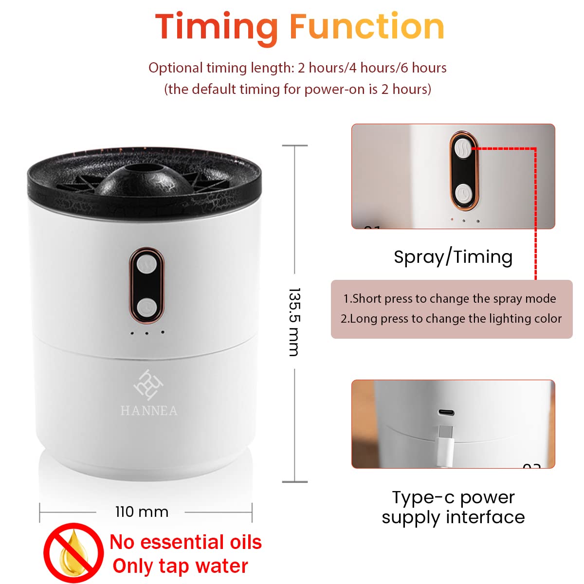 HANNEA Humidifier for Room Moisture 450ML Jellyfish Volcano Warm & Cool Mist Flame Lighting Effect Aroma Diffuser for Home Fragrance Essential Diffuser 24dB Silent Humidifier 2/4/6 Hours Timer