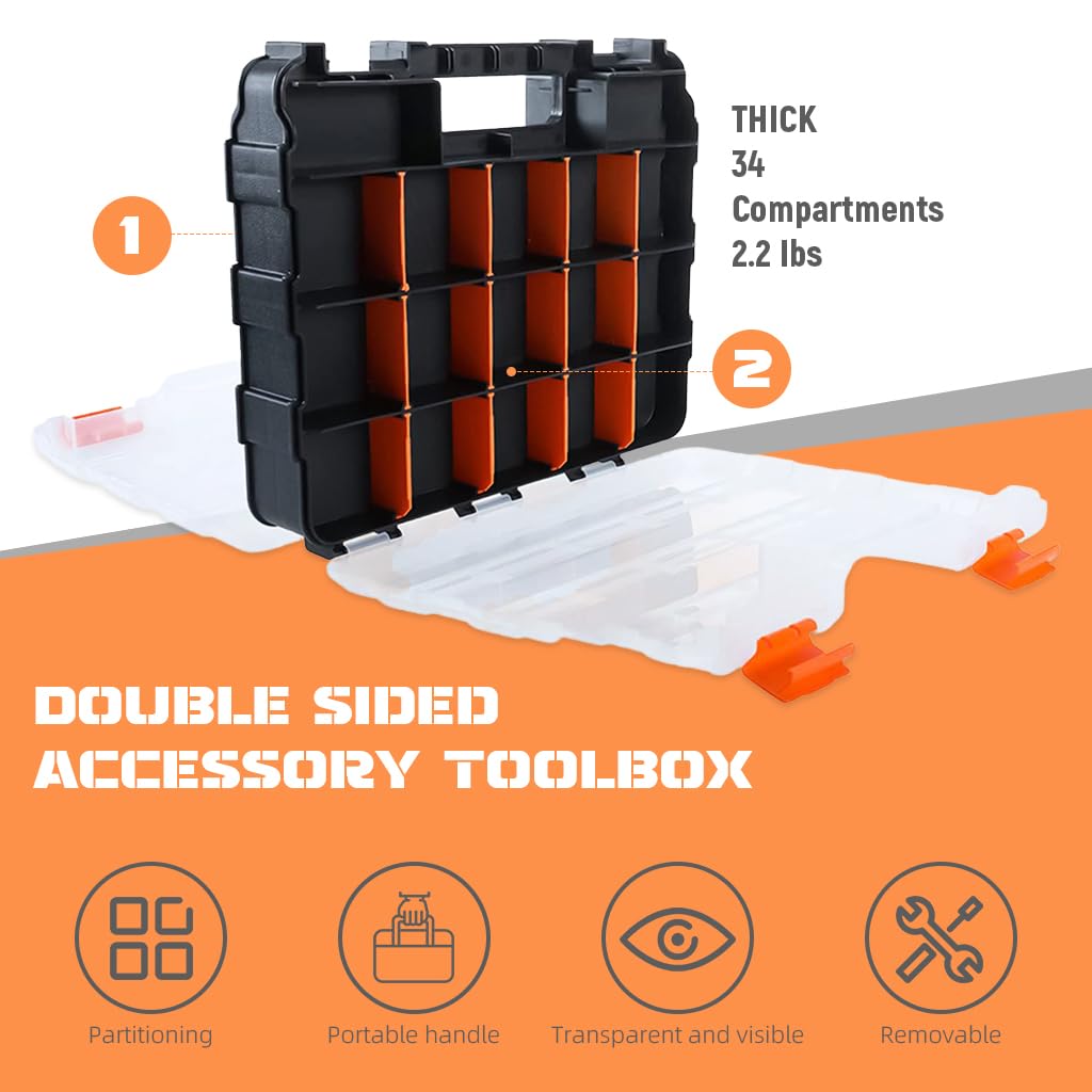 Serplex Accessories Tool Storage Case Double Side 34 Divided Compartments Transparent Accessories Organizer Box with Lock Portable Accessories Tool Box Suitcase for Screws, Bolts, Nails, Beads