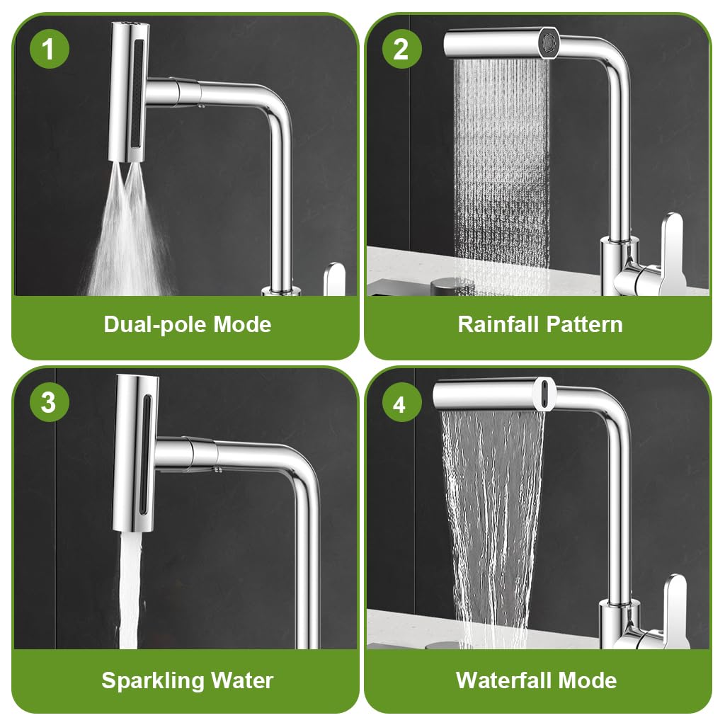 HASTHIP Kitchen Faucet 4 in 1 Water Saving Faucet Modern Stainless Steel Sink Faucet with 4 Modes Waterfall Watering Faucet Jetting Faucet 360° Rotatable Mix Water Sink Faucet with 60cm Water Pipe